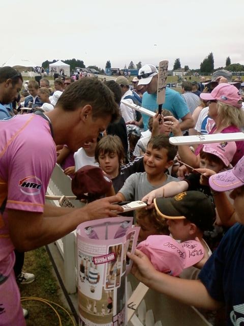 Joseph Yovich keeps the crowd happy after the Knights' loss at Mount Maunganui on Monday.